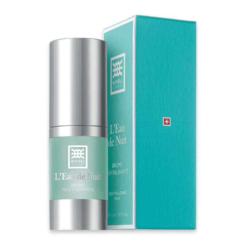 Rivoli Genève L'Eau de Nuit Brume Revitalisante 15ml Flasche und Verpackung auf weißem Hintergrund.