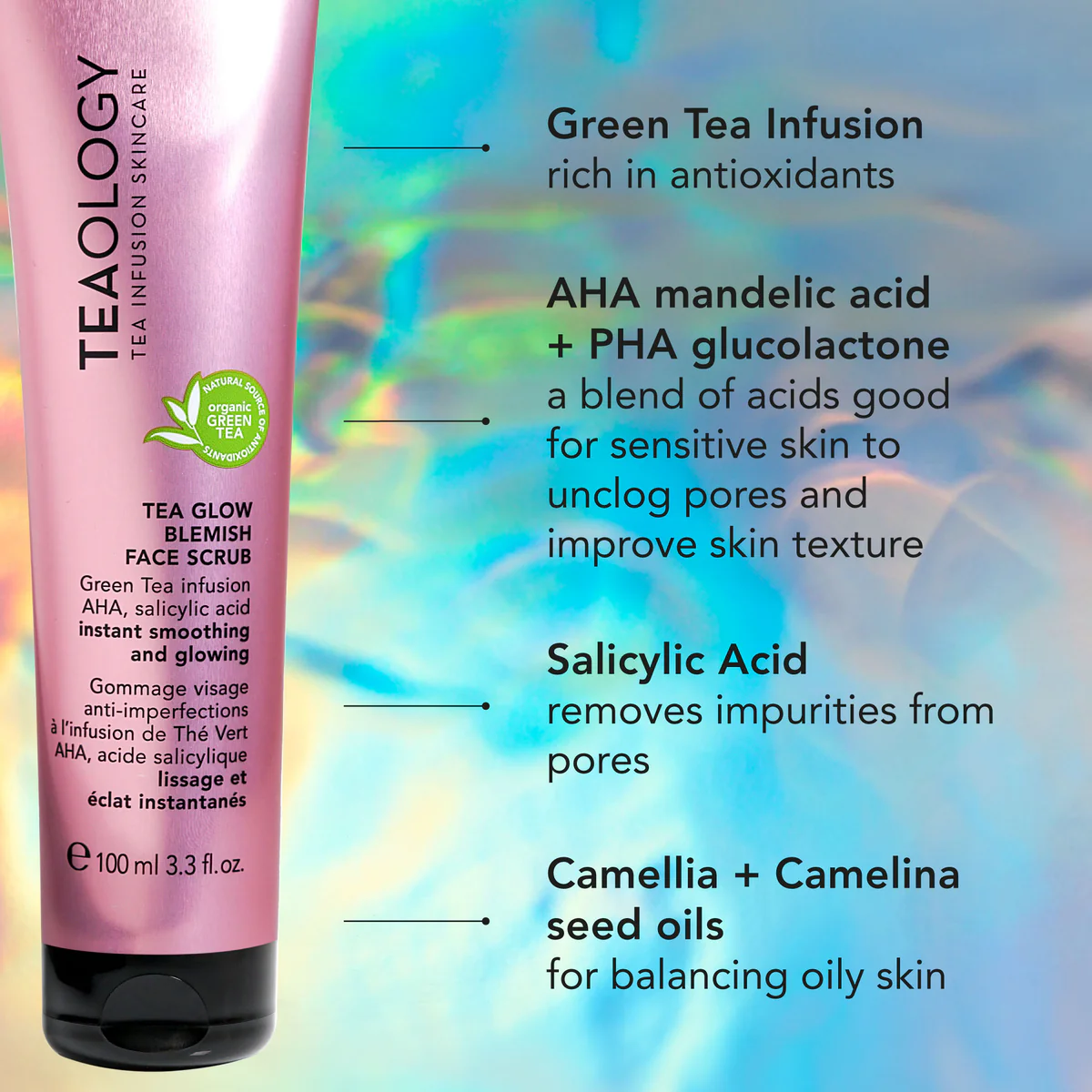 Tealogy Gesichtspeeling mit grünem Tee, AHA, PHA, Salicylsäure und Kamelienöl, 100 ml Tube, Produktbeschreibung auf buntem Hintergrund.
