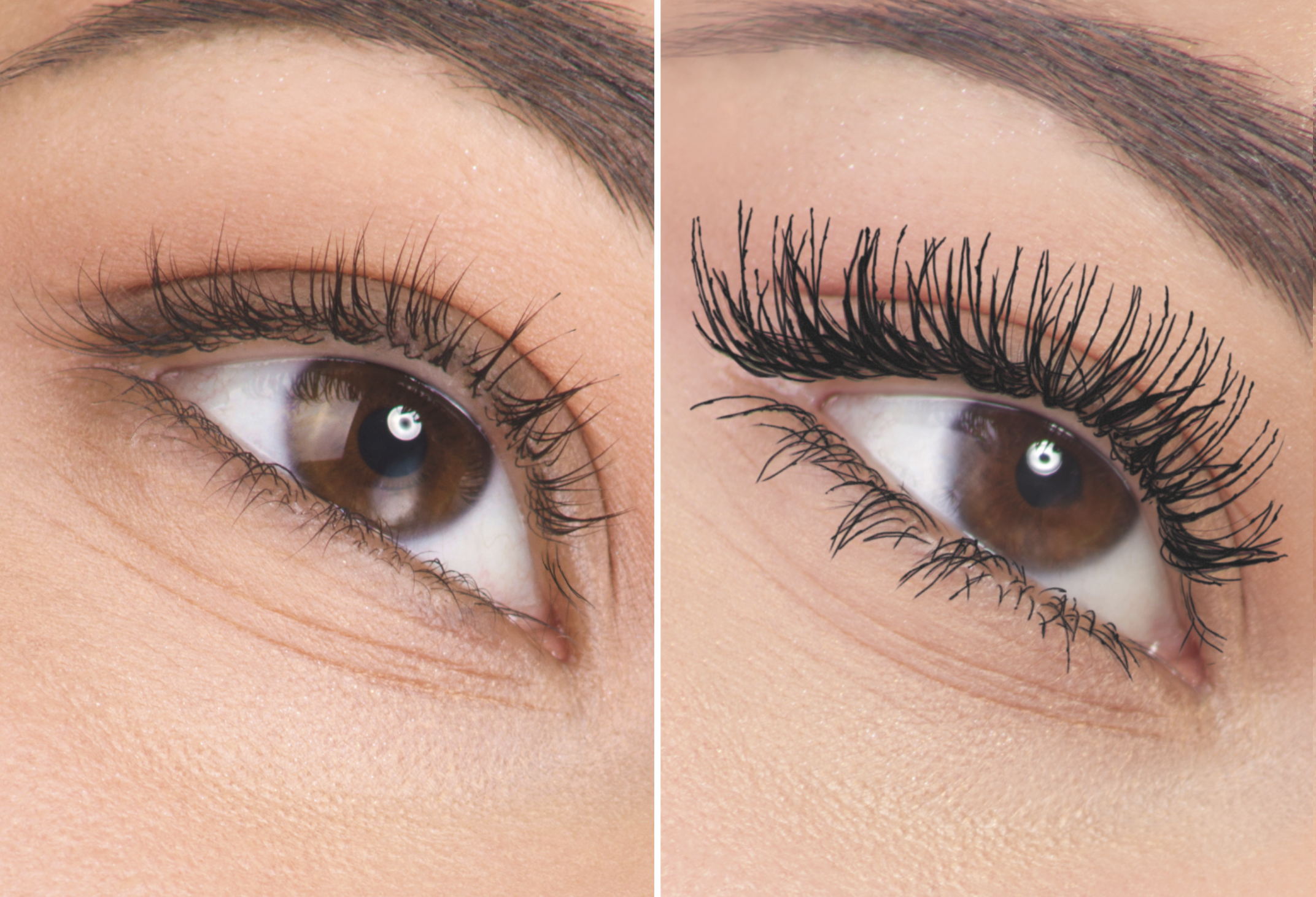 Nahaufnahme eines Auges vor und nach dem Auftragen von Mascara, links ohne Mascara, rechts mit Mascara.