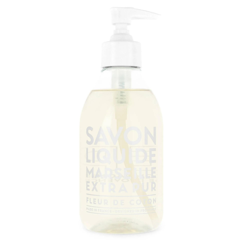 Flasche flüssige Marseille-Seife, 300 ml, Duft Baumwollblüte, mit Pumpspender.