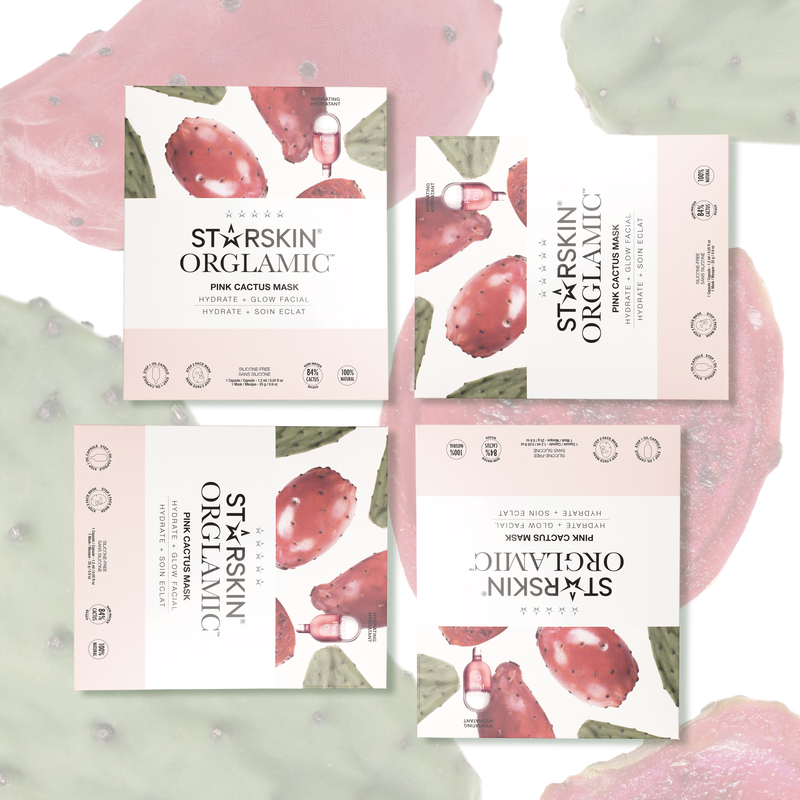 Vier STARSKIN Orglamic Pink Cactus Oil Mask Packungen auf einem Hintergrund mit Kaktusfeigen.
