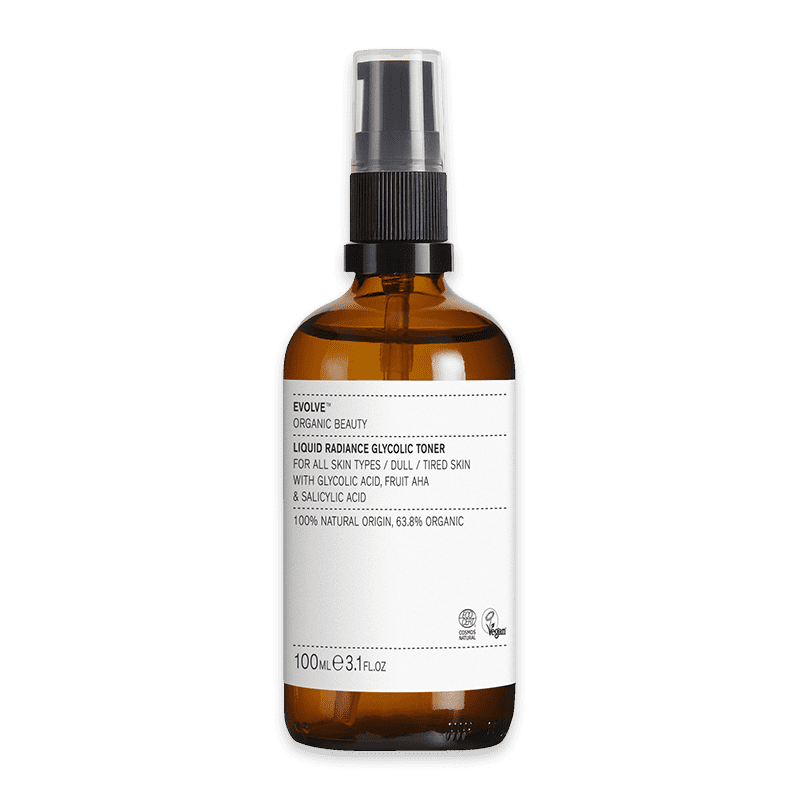 Braune Flasche Evolve Organic Beauty Liquid Radiance Glycolic Toner, 100 ml, für alle Hauttypen, mit Glycolsäure und Salicylsäure.