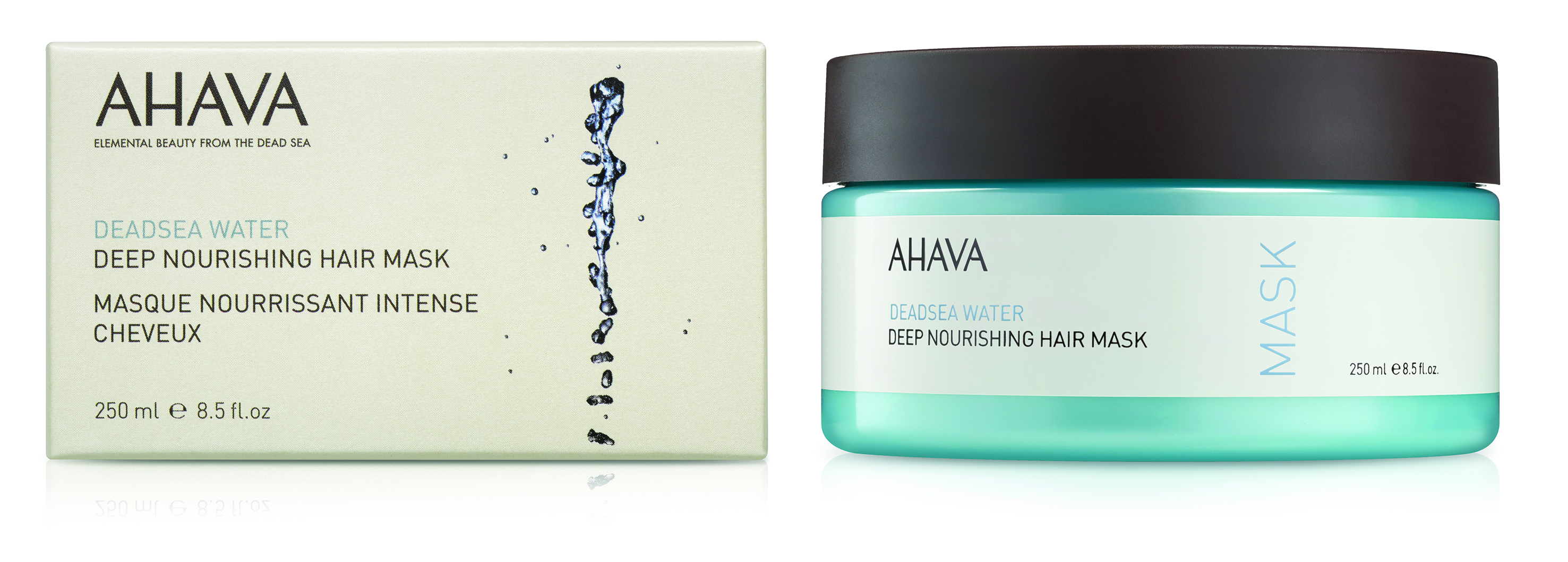 AHAVA Dead Sea Water Deep Nourishing Hair Mask, 250 ml, Verpackung und Tiegel, auf weißem Hintergrund.