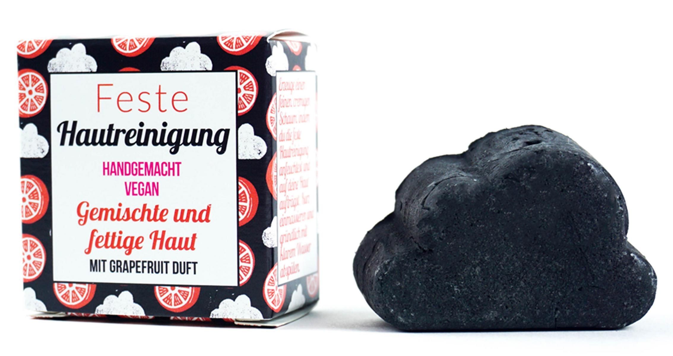 Handgemachte vegane feste Hautreinigung für gemischte und fettige Haut mit Grapefruitduft, in Wolkenform.