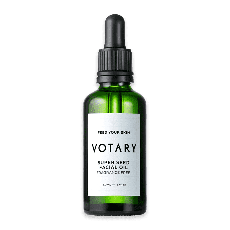 Grüne Flasche Votary Super Seed Facial Oil, 50ml, parfümfrei, mit Pipette.