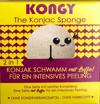 KONGY Konjak Schwamm mit Luffa für intensives Peeling, gelbe Verpackung mit Herzmuster.