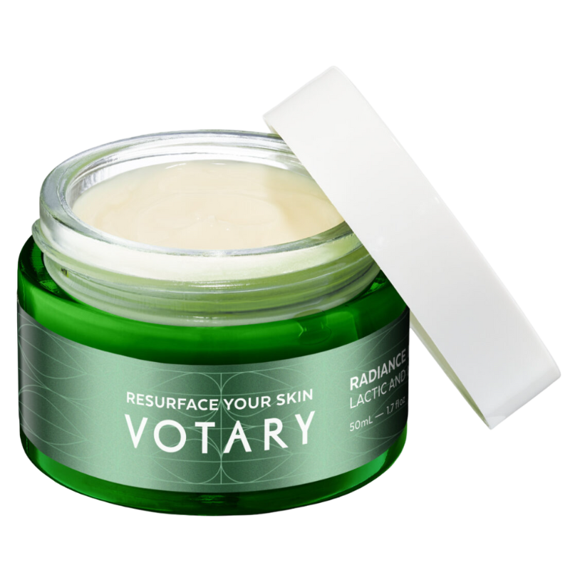VOTARY Radiance Reveal Maske mit Milchsäure und Mandelsäure, 50ml, in grünem Glasbehälter mit weißem Deckel.