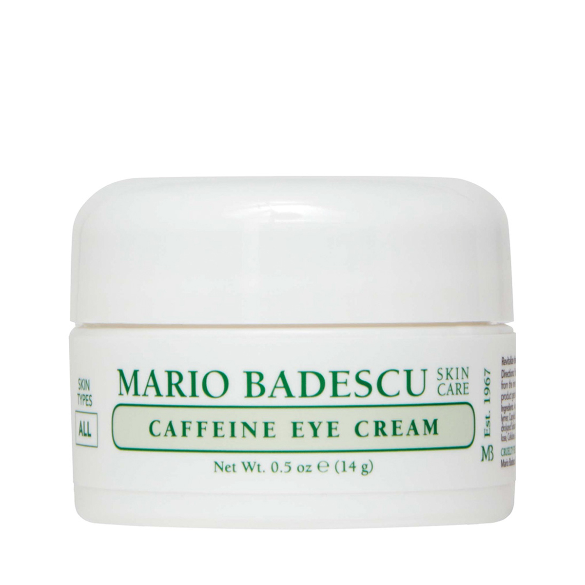 Weiße Dose Mario Badescu Caffeine Eye Cream, 14g, mit grünem Text auf der Vorderseite.
