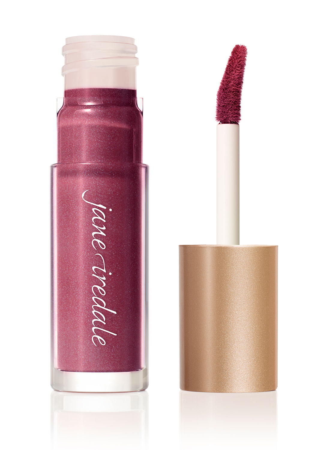 Jane Iredale Lip Stain in dunklem Rosa, geöffnete Verpackung mit Applikator, auf weißem Hintergrund.