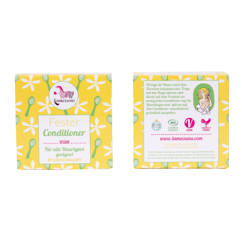 Zwei gelbe Verpackungen des festen Conditioners von Lamazuna mit Vanilleduft, vegan und für alle Haartypen geeignet.