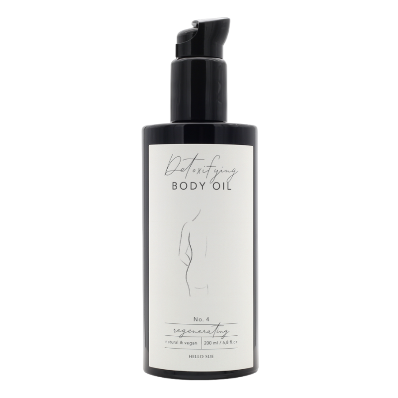 HELLO SUE No. 4 Detoxifying Body Oil, 200 ml, schwarzer Pumpspender, weißes Etikett mit minimalistischer Zeichnung eines Rückens.