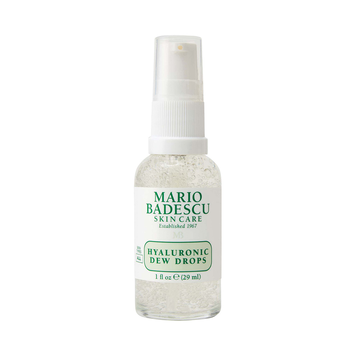 Flasche Mario Badescu Hyaluronic Dew Drops, 29 ml, mit weißem Sprühkopf und grünem Etikett.