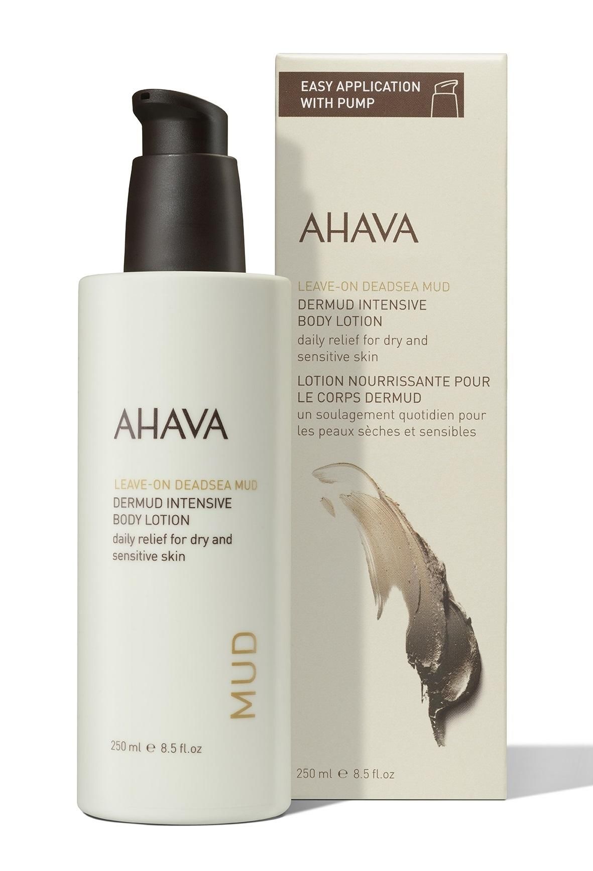 AHAVA Dermud Intensive Body Lotion, 250 ml Flasche und Verpackung, für trockene und empfindliche Haut.
