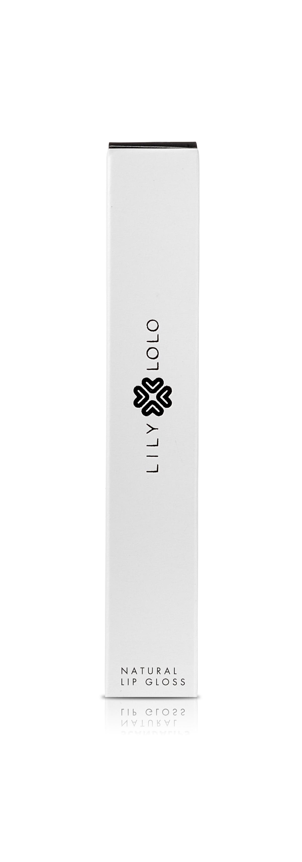 Weiße Verpackung von Lily Lolo Natural Lip Gloss mit schwarzem Logo und Text.