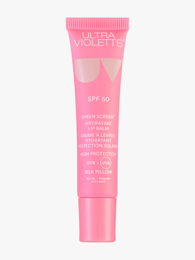 Rosa Lippenbalsam-Tube mit SPF 50 von Ultra Violette, 15g, auf weißem Hintergrund.