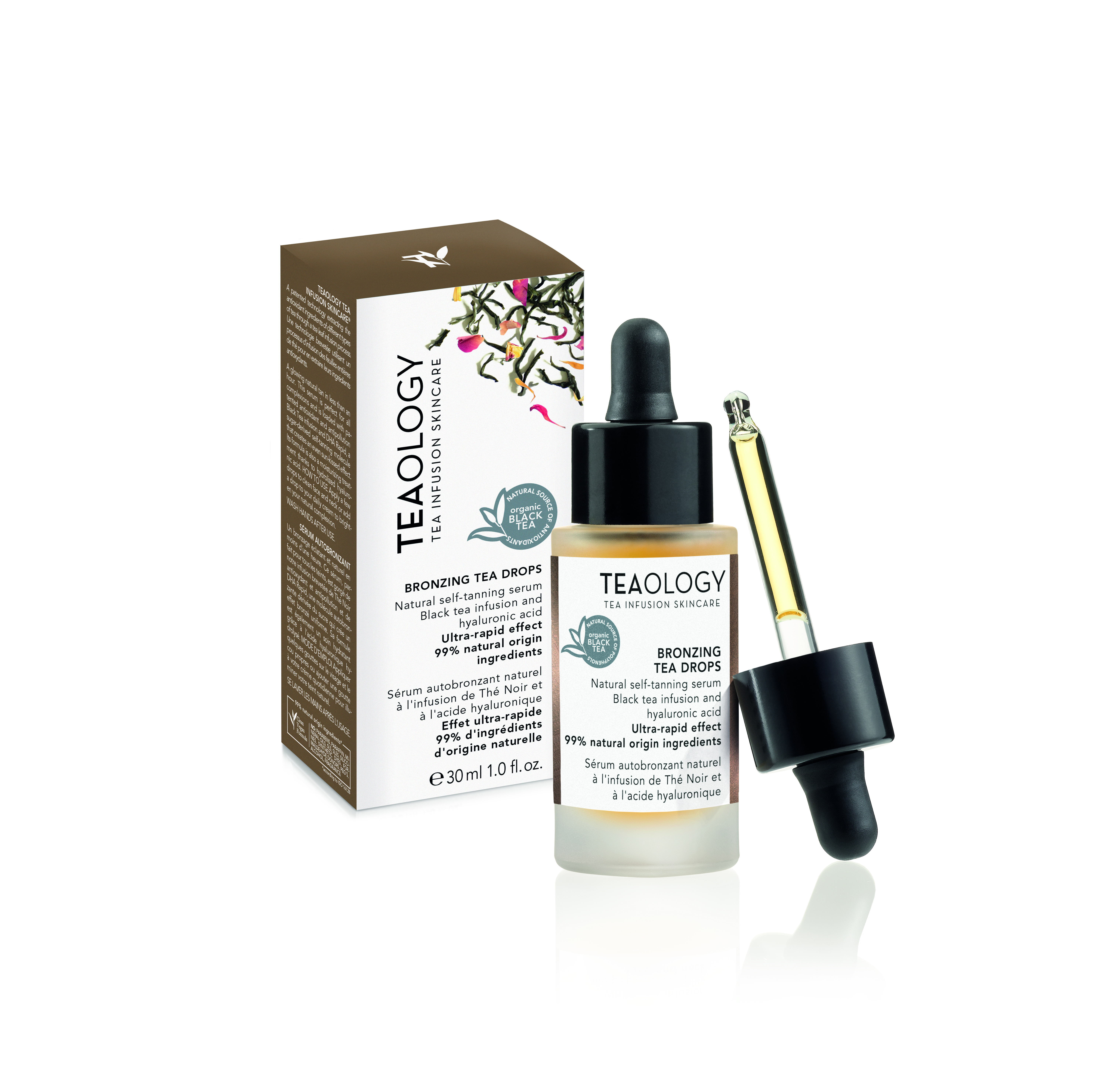 TEAOLOGY Bronzing Tea Drops, 30ml Flasche mit Pipette und Verpackung, auf weißem Hintergrund.