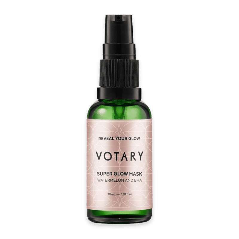 Votary Super Glow Maske, 30ml Flasche mit schwarzem Sprühkopf und grünem Glas, Etikett mit Text 'Reveal Your Glow, Watermelon and BHA'.