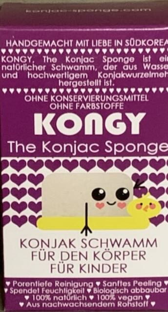 Lila Verpackung des Konjac Schwamms für Kinder von Kongy, handgemacht in Südkorea, ohne Konservierungsstoffe und Farbstoffe.