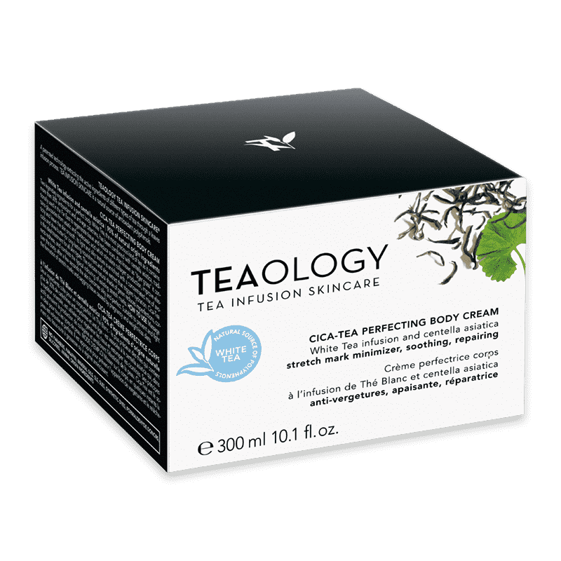 Schwarze Box der Teaology Cica-Tea Perfecting Body Cream, 300 ml, mit weißem Text und Teeblatt-Grafik.
