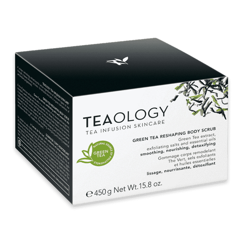 Verpackung des Green Tea Reshaping Body Scrub von Teaology, 450g.