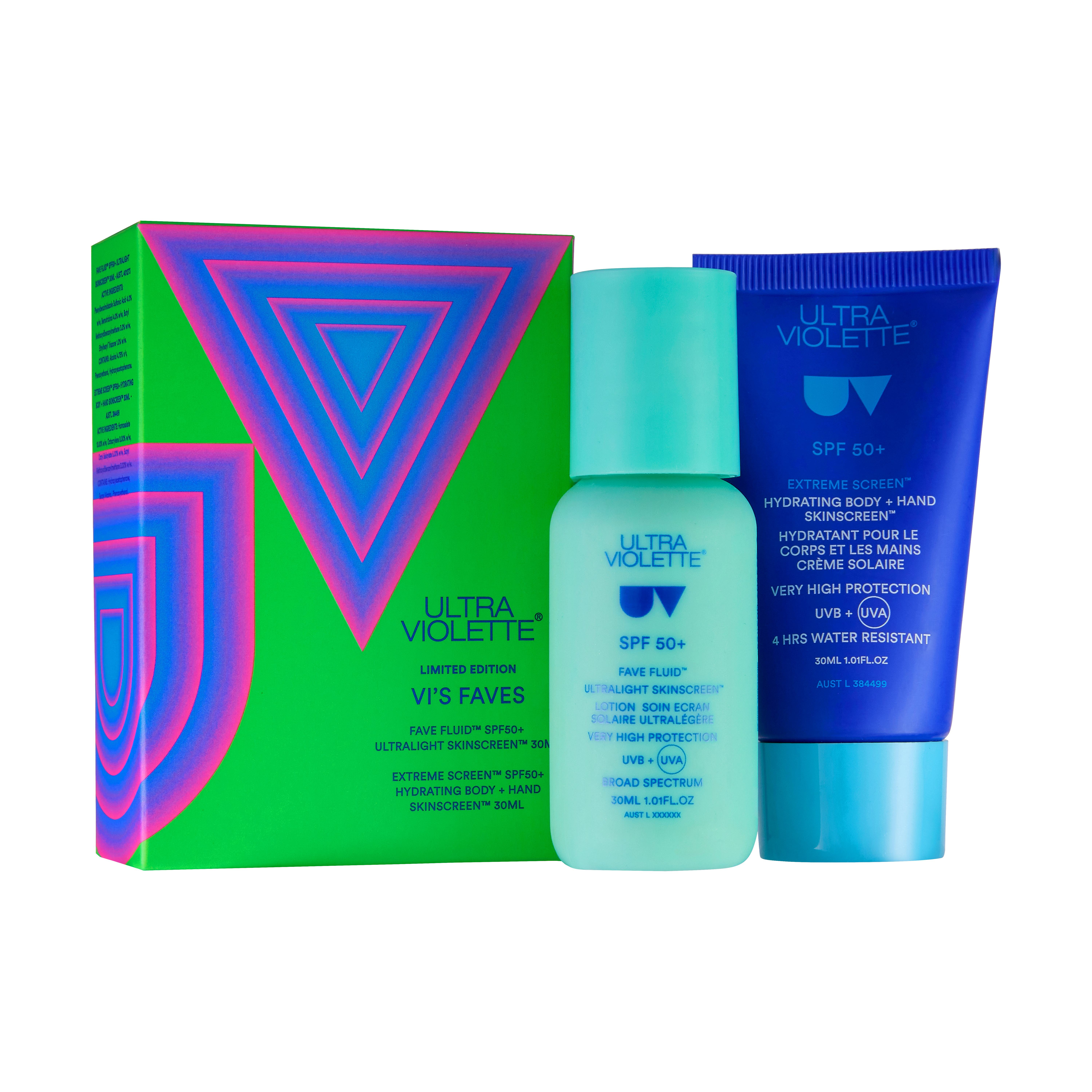 ULTRA VIOLETTE Limited Edition VIS FAVES: Sonnenschutz SPF 50+ für Gesicht und Hände, grüne Verpackung mit blau-pinkem Design.