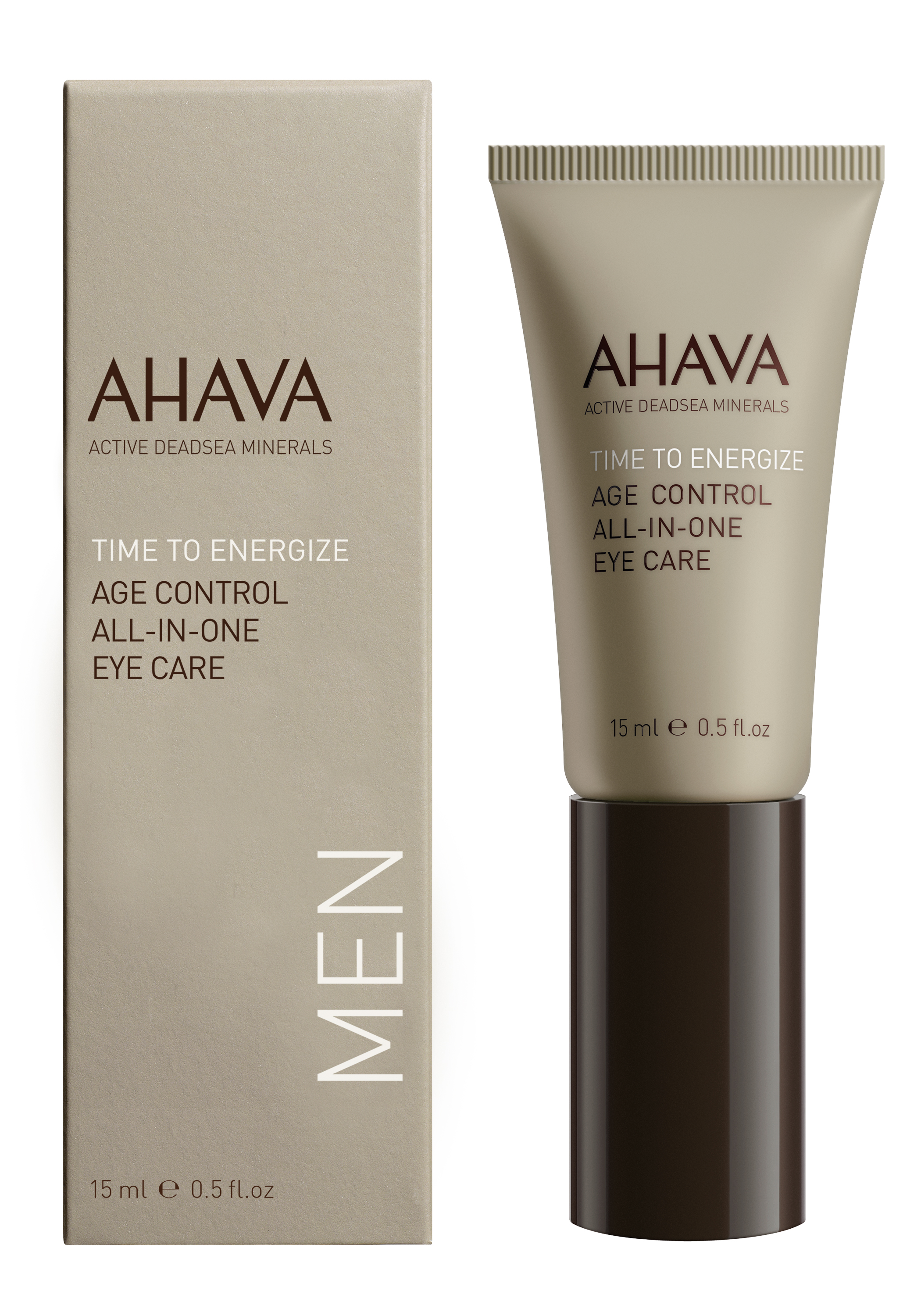 AHAVA Time to Energize Age Control All-in-One Eye Care für Männer, 15 ml Tube und Verpackung.