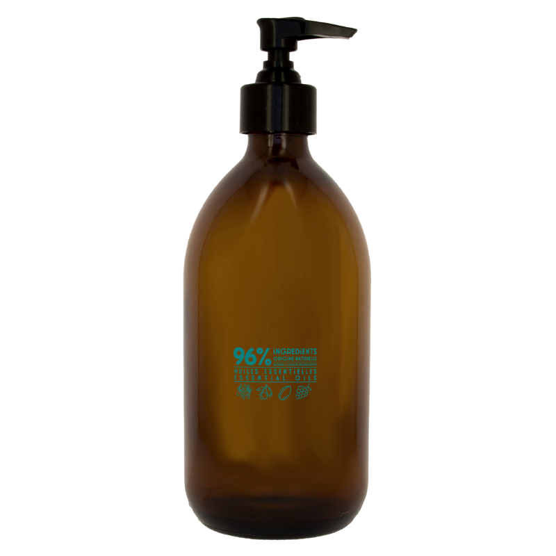 Braune Flüssigseife in einer 300ml Flasche mit Pumpverschluss, Aufschrift '96% natürliche Inhaltsstoffe'.