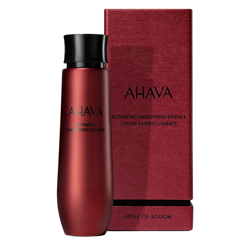 AHAVA Activating Smoothing Essence in roter Flasche vor roter Verpackung.
