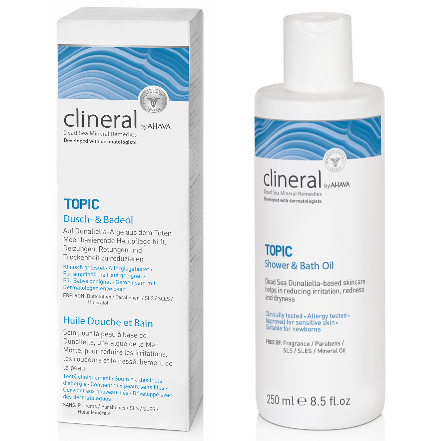 Clineral by AHAVA TOPIC Dusch- & Badeöl, 250 ml Flasche und Verpackung, für empfindliche Haut, ohne Parabene und Duftstoffe.