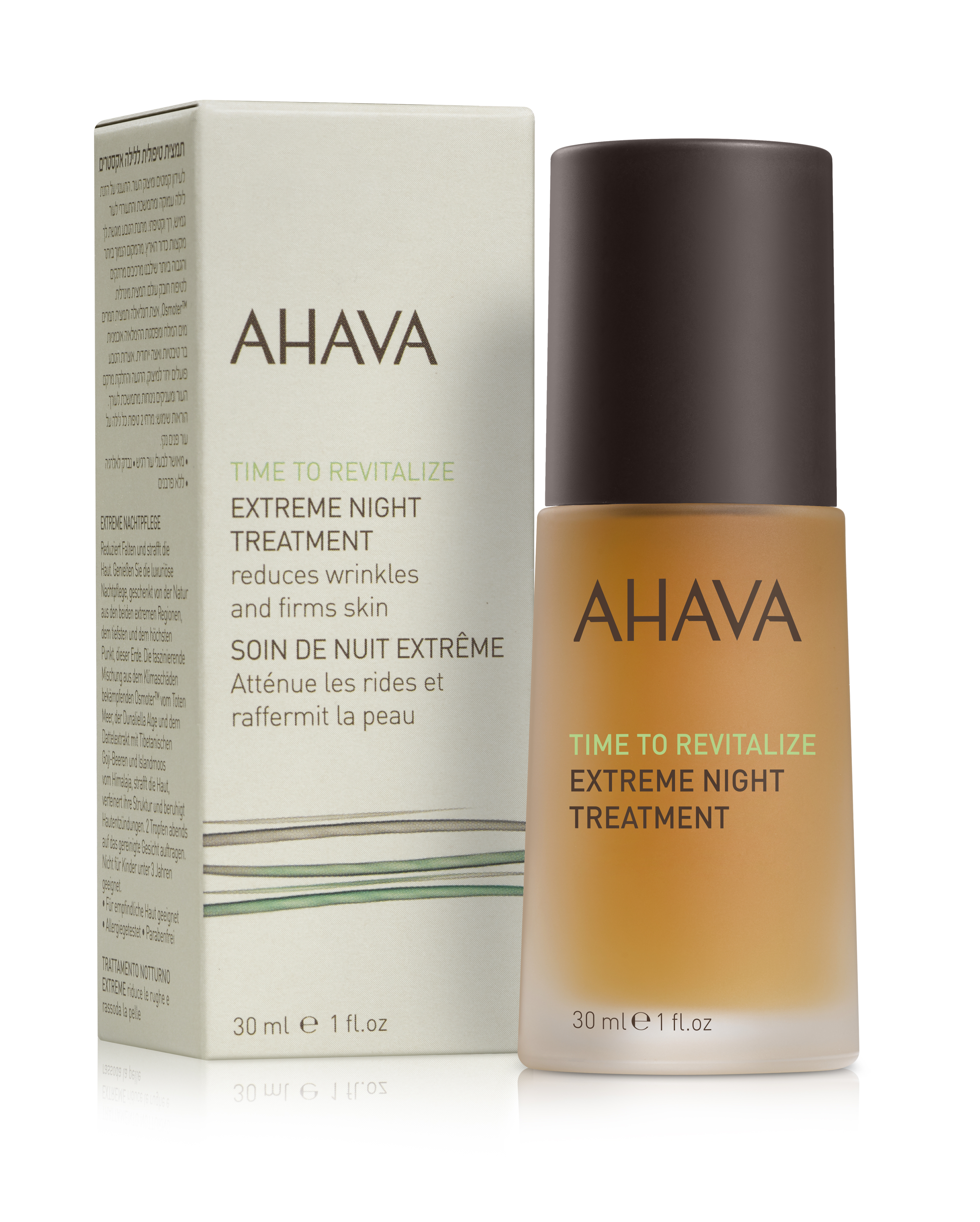 Ahava Time to Revitalize Extreme Night Treatment, 30 ml Flasche und Verpackung, reduziert Falten und strafft die Haut.