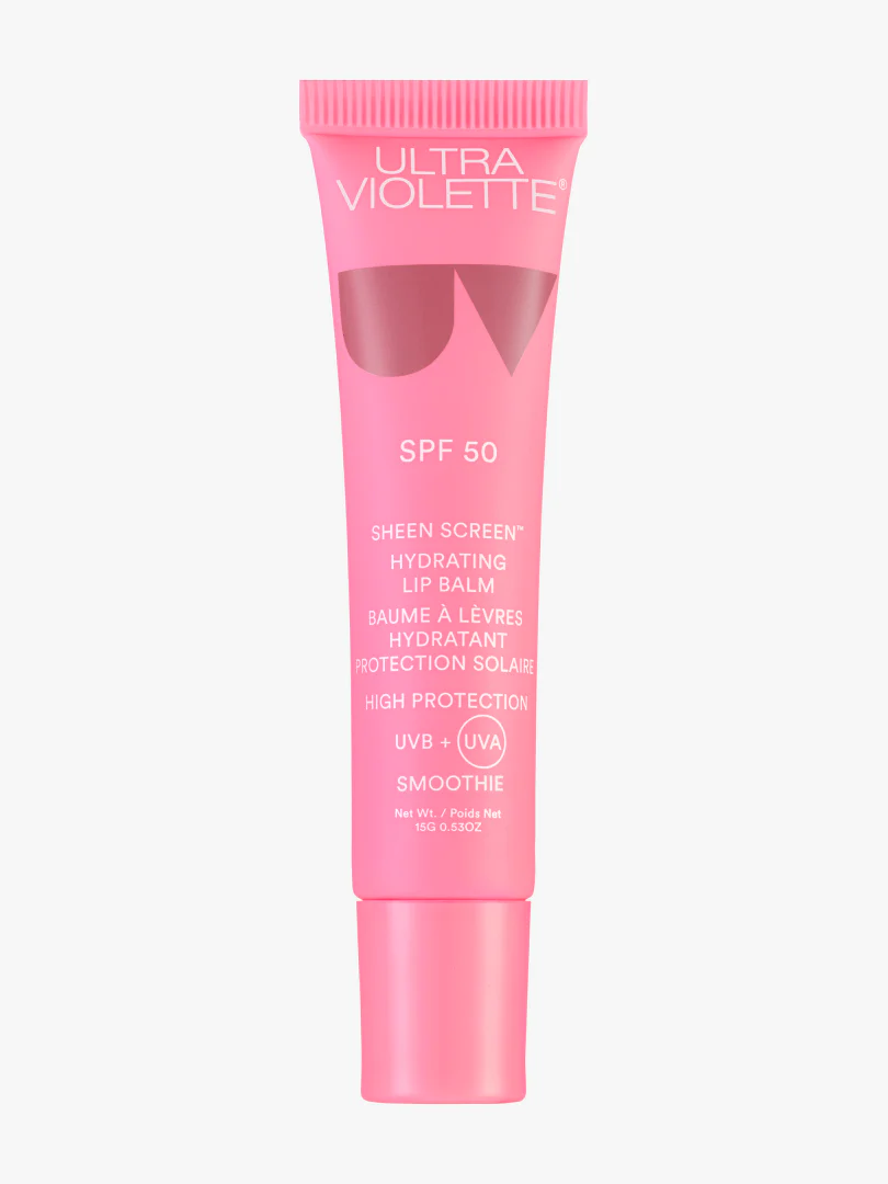 Rosa Lippenbalsam-Tube mit SPF 50 von Ultra Violette, beschriftet mit 'Sheen Screen Hydrating Lip Balm'.