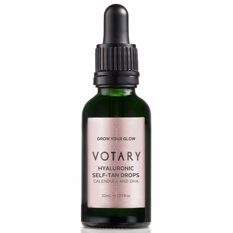 VOTARY Hyaluronic Self-Tan Drops, 30ml Flasche, mit Calendula und DHA, auf weißem Hintergrund.