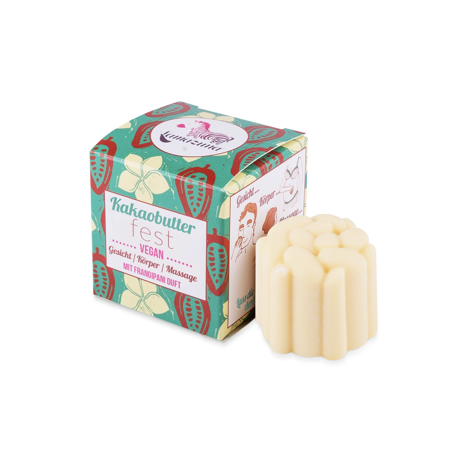 Kakaobutter fest, vegan, für Gesicht, Körper und Massage, mit Frangipani-Duft, in bunter Verpackung neben der Seife.