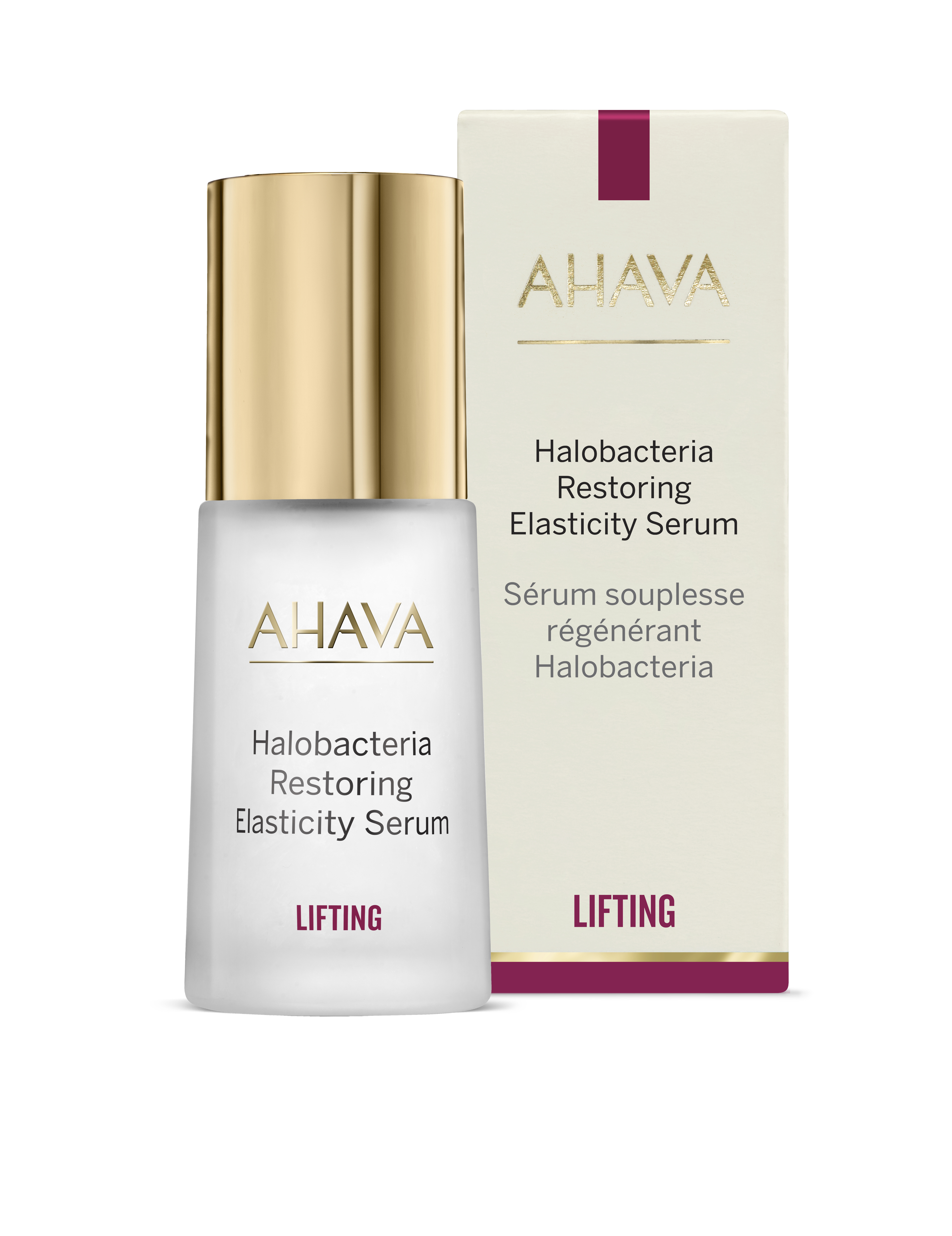 AHAVA Halobacteria Restoring Elasticity Serum in weißer Flasche mit goldener Kappe und passender Verpackung im Hintergrund.