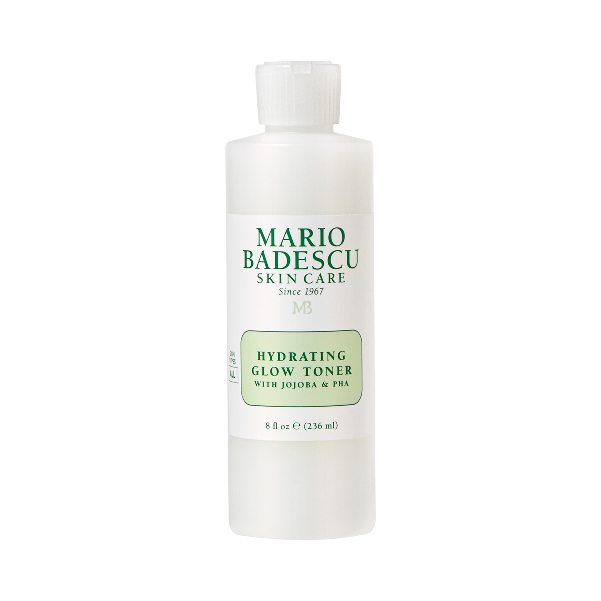 Flasche Mario Badescu Hydrating Glow Toner, 236 ml, auf weißem Hintergrund.