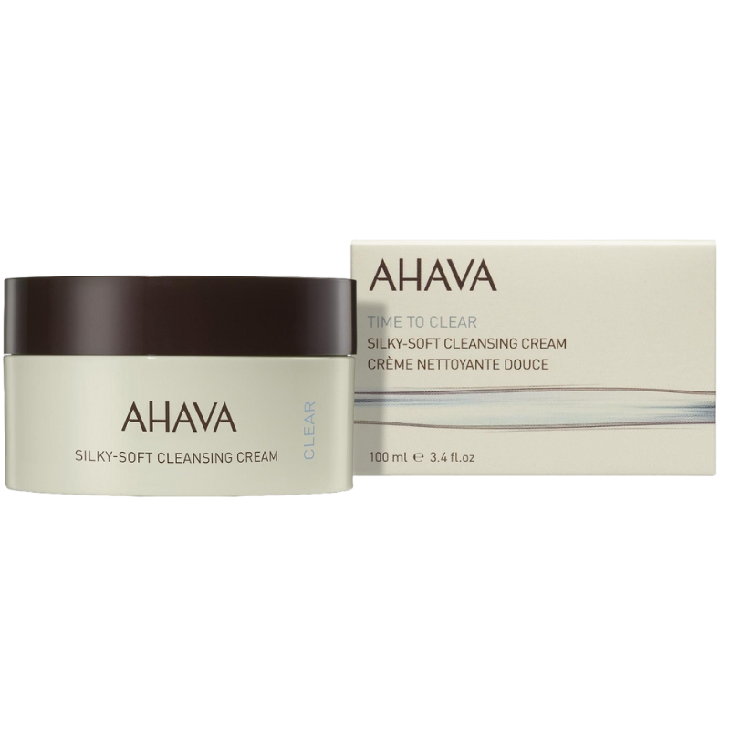 AHAVA Silky-Soft Cleansing Cream, 100 ml, in einer runden Dose neben der Produktverpackung.