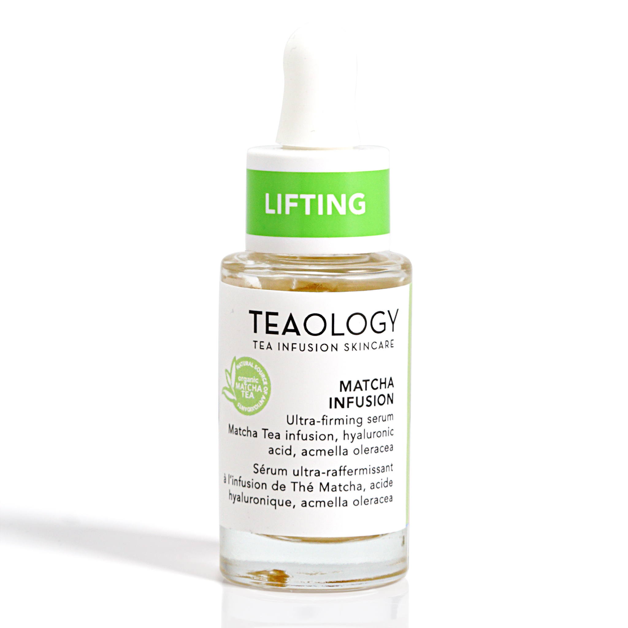 Flasche Teaology Matcha Infusion Serum mit Pipette und grünem 'Lifting'-Etikett.