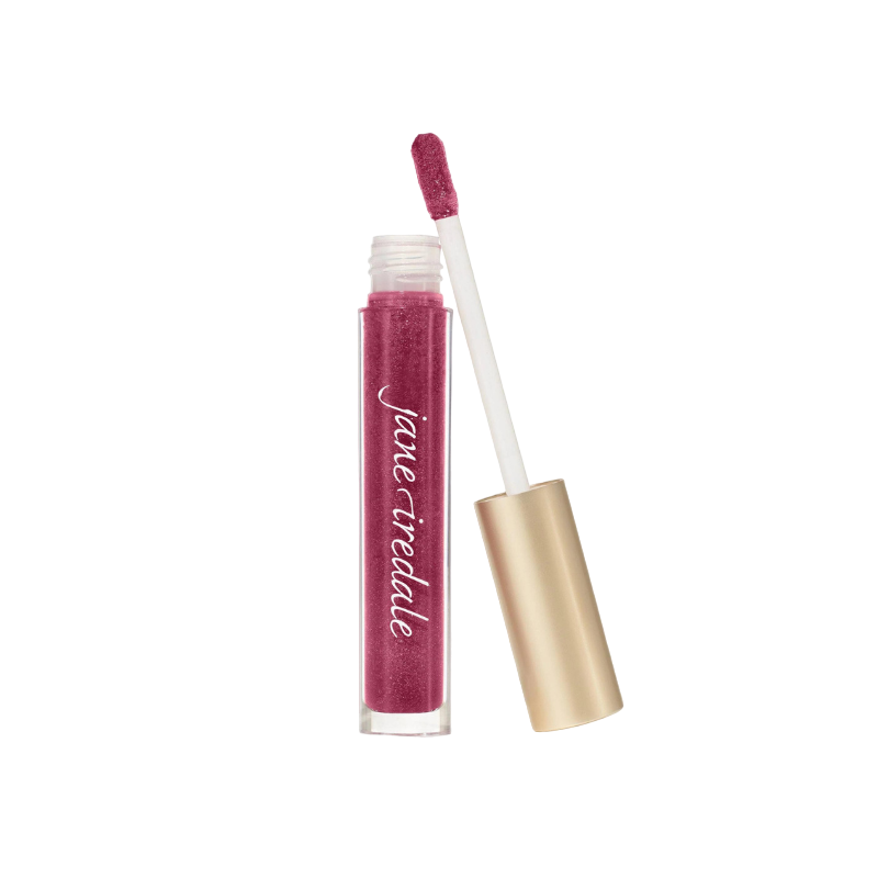 HydroPure Hyaluronic Lip Gloss in Candied Rose von Jane Iredale, geöffnete Tube mit Applikator, auf weißem Hintergrund.